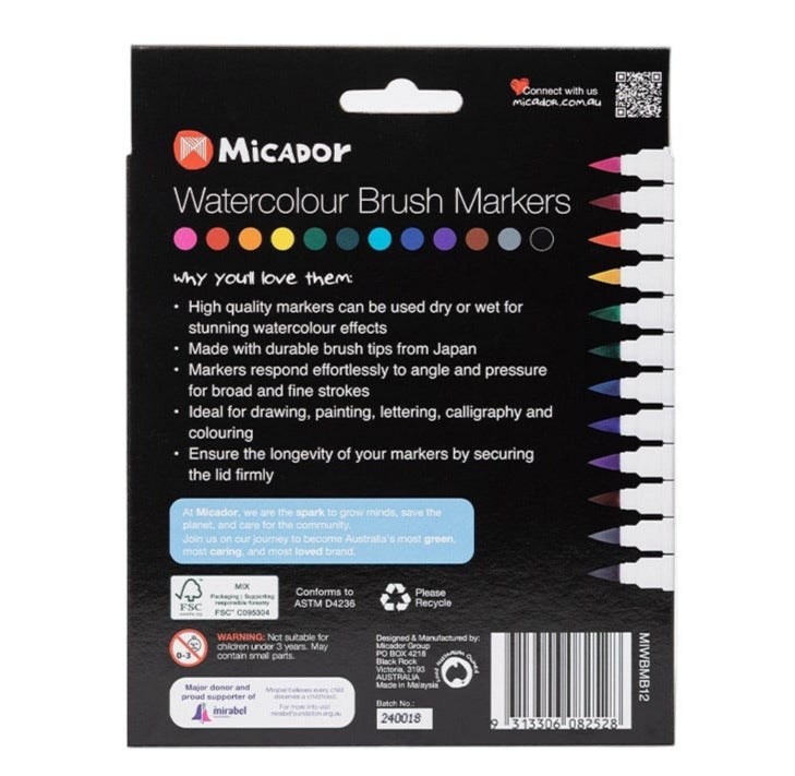 Micador Watercolour Brush Markers 12 Pack - STEAM Kids Brisbane