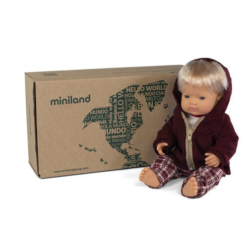 Miniland Doll - Anatomically Correct doll 38cm, Caucasian Boy with Outfit in Box - STEAM Kids Brisbane