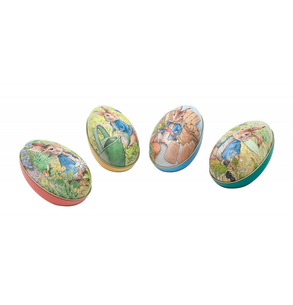 Peter Rabbit | 11cm Egg Shaped Tin - Peter with purple butterfly design, Teal back - STEAM Kids Brisbane