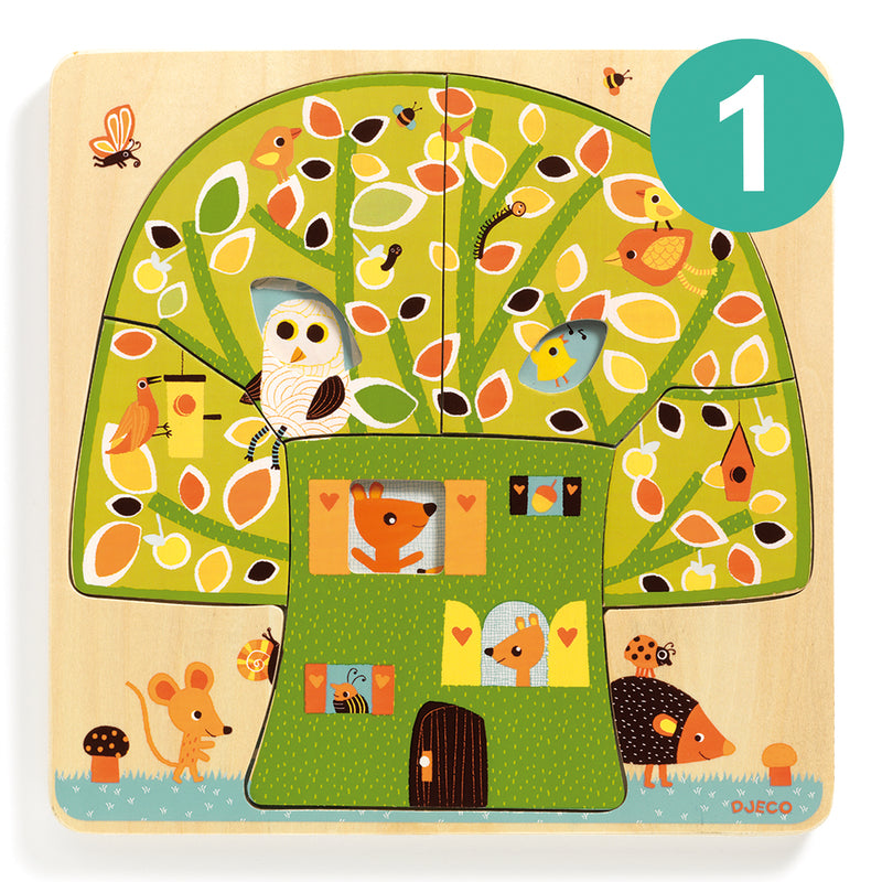Djeco | Tree House 3 Layer Wooden Puzzle  | Owl and Friends - STEAM Kids 