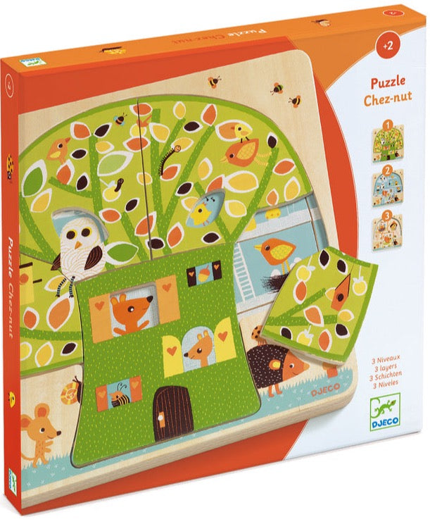 Djeco | Tree House 3 Layer Wooden Puzzle  | Owl and Friends - STEAM Kids 
