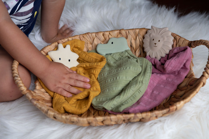 Lion Rubber Teether with a Dusty Pink Muslin | Comforter by Tikiri - STEAM Kids Brisbane