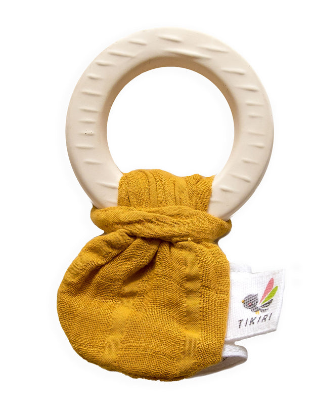 Natural Rubber Teether with a Mustard Muslin Tie | Tikiri | - STEAM Kids 