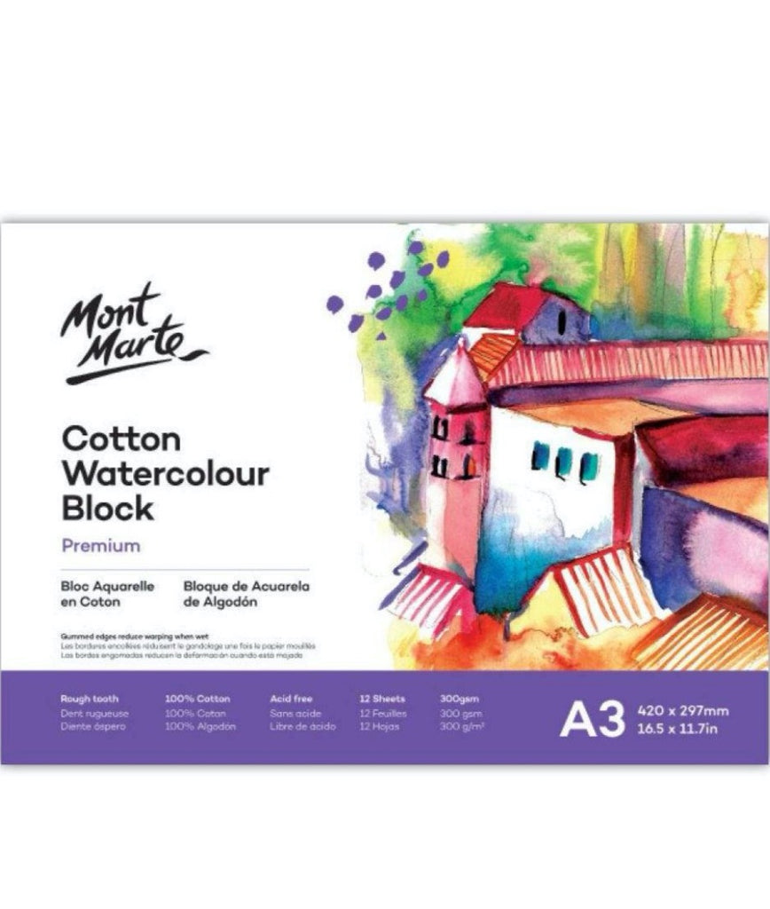 Mont Marte | Cotton Watercolour Paper Block | 300gsm A3 12 Sheet - STEAM Kids 