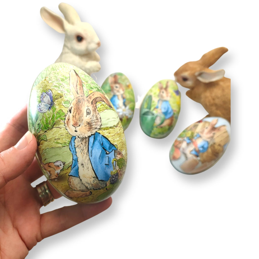 Peter Rabbit | 11cm Egg Shaped Tin - Peter with purple butterfly design, Teal back - STEAM Kids Brisbane