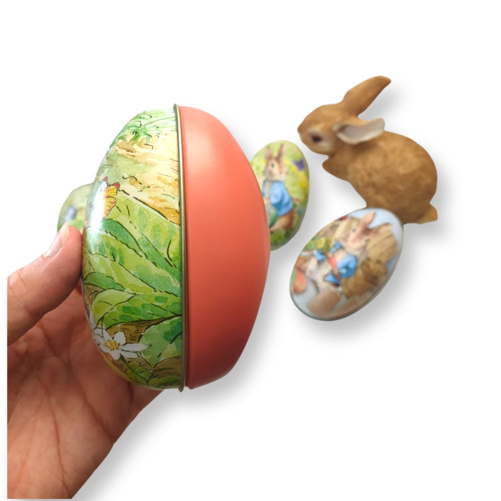 Peter Rabbit | 11cm Egg Shaped Tin - Peter with yellow butterfly design, coral back - STEAM Kids Brisbane