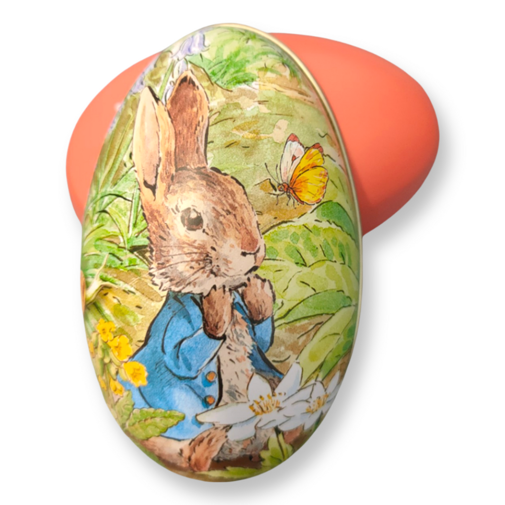 Peter Rabbit | 11cm Egg Shaped Tin - Peter with yellow butterfly design, coral back - STEAM Kids Brisbane